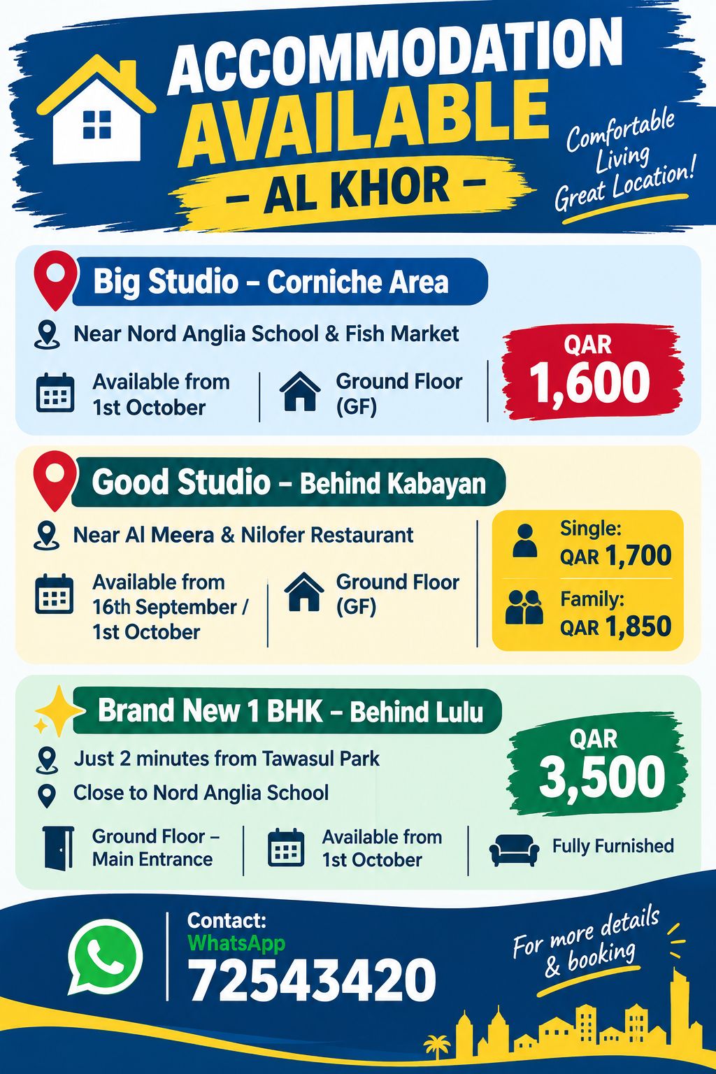 1BHK unit for rent in Qatar