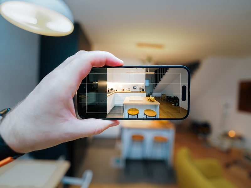 A phone photographing an apartment interior, the shot visible on screen